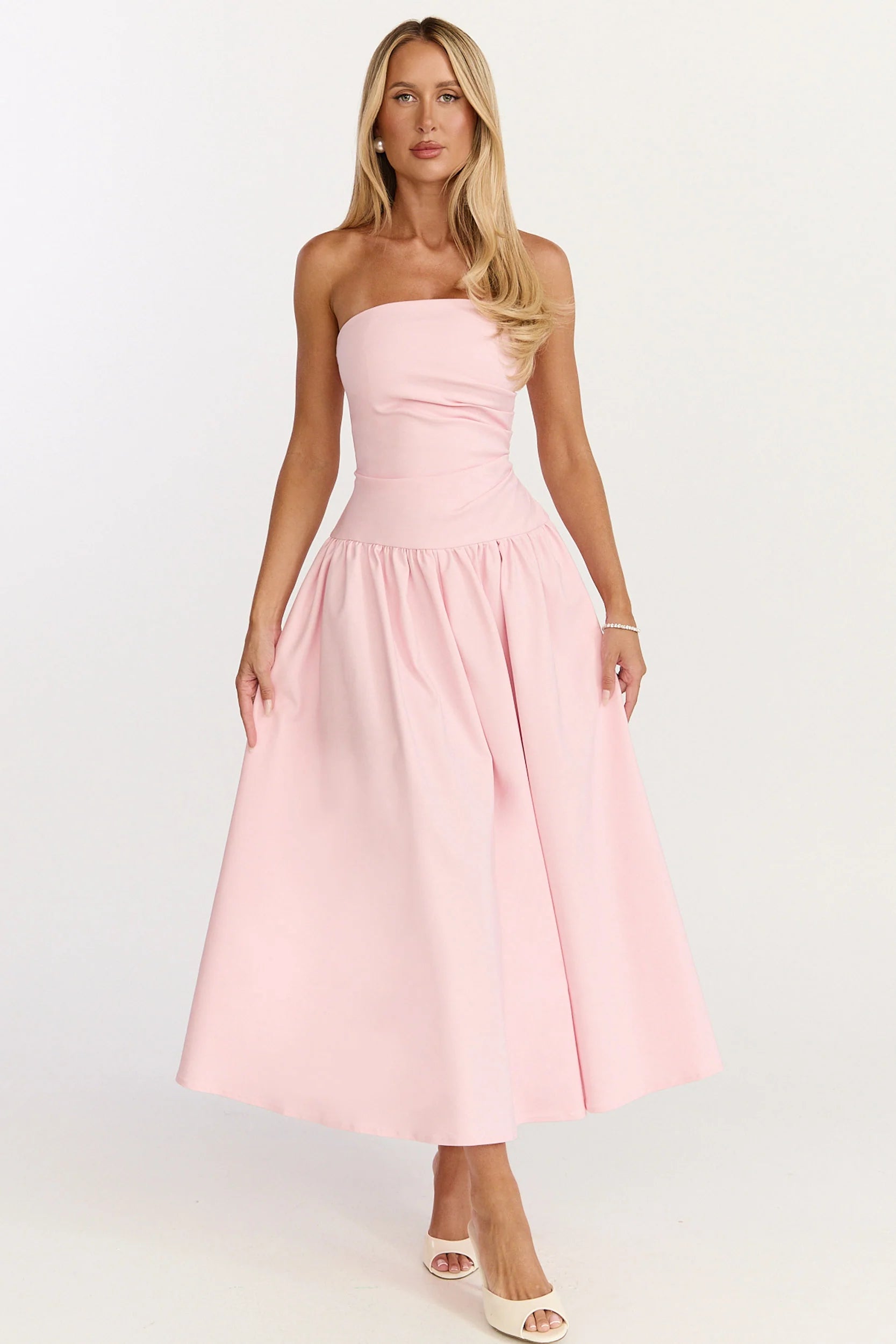 Louisa Maxi Dress - Strapless Side Ruched Dropped Waist Fit And Flare Dress in Pink
